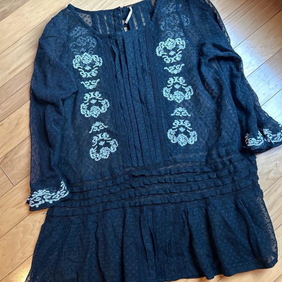 Free People Black Sheer Blouse with White Embroidery - Picture 9 of 13